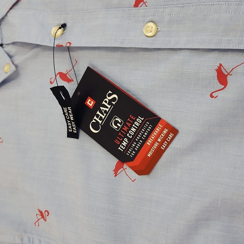 Chaps Easy Care Light Blue Red Flamingo Print Short Sleeve Shirt. Size L - Picture 5 of 11